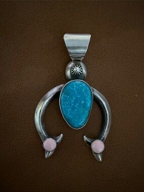 Chimney Butte Silver Naja Pendant Necklace with Turquoise and Pink Conch Accents